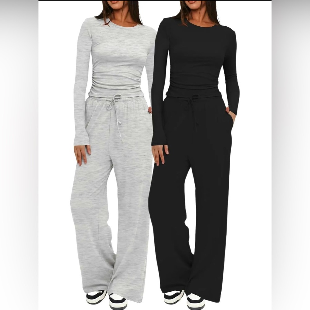 Two-piece set woman’s Solid Ruched Tee & Drawstring Pockets Pants Pajamas Set